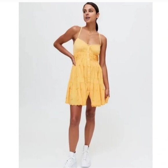 URBAN OUTFITTERS | Sandy Strappy Back Mini Dress embroidered yellow sz XS - Picture 1 of 7